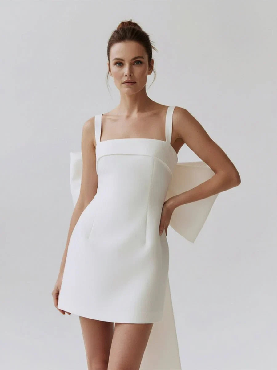 Square Neck White Satin Short Wedding Dress with Bow Back and Veil