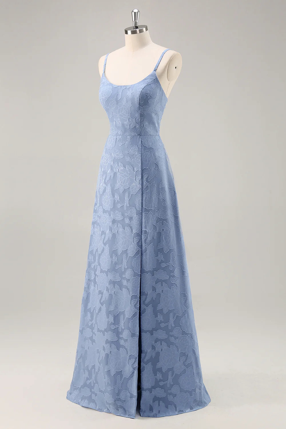 Dusty Blue A Line Floral Burnout Maxi Bridesmaid Dress with Slit