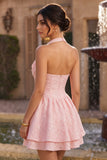 Halter A Line Jacquard Corset Pink Homecoming Dress