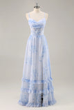 Blue Flower A Line Cowl Neck Corset Long Bridesmaid Dress with Slit