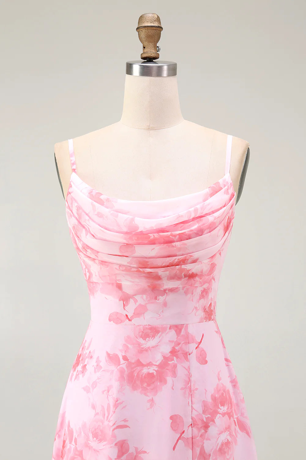 Pink Flower A Line Cowl Neck Print Long Bridesmaid Dress with Slit