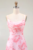 Pink Flower A Line Cowl Neck Print Long Bridesmaid Dress with Slit