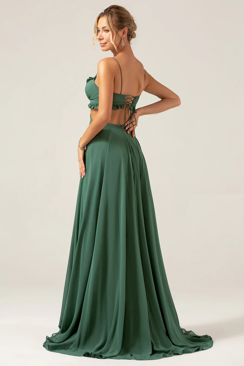 A Line Spaghetti Straps Backless Chiffon Eucalyptus Long Bridesmaid Dress