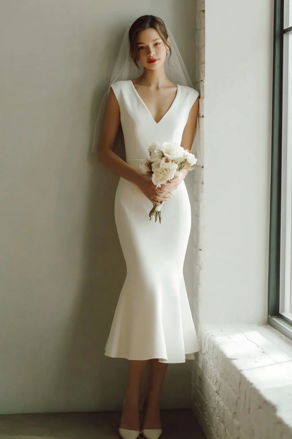 White Mermaid Satin V Neck Midi Rehearsal Dinner Dress