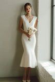 White Mermaid Satin V Neck Midi Rehearsal Dinner Dress