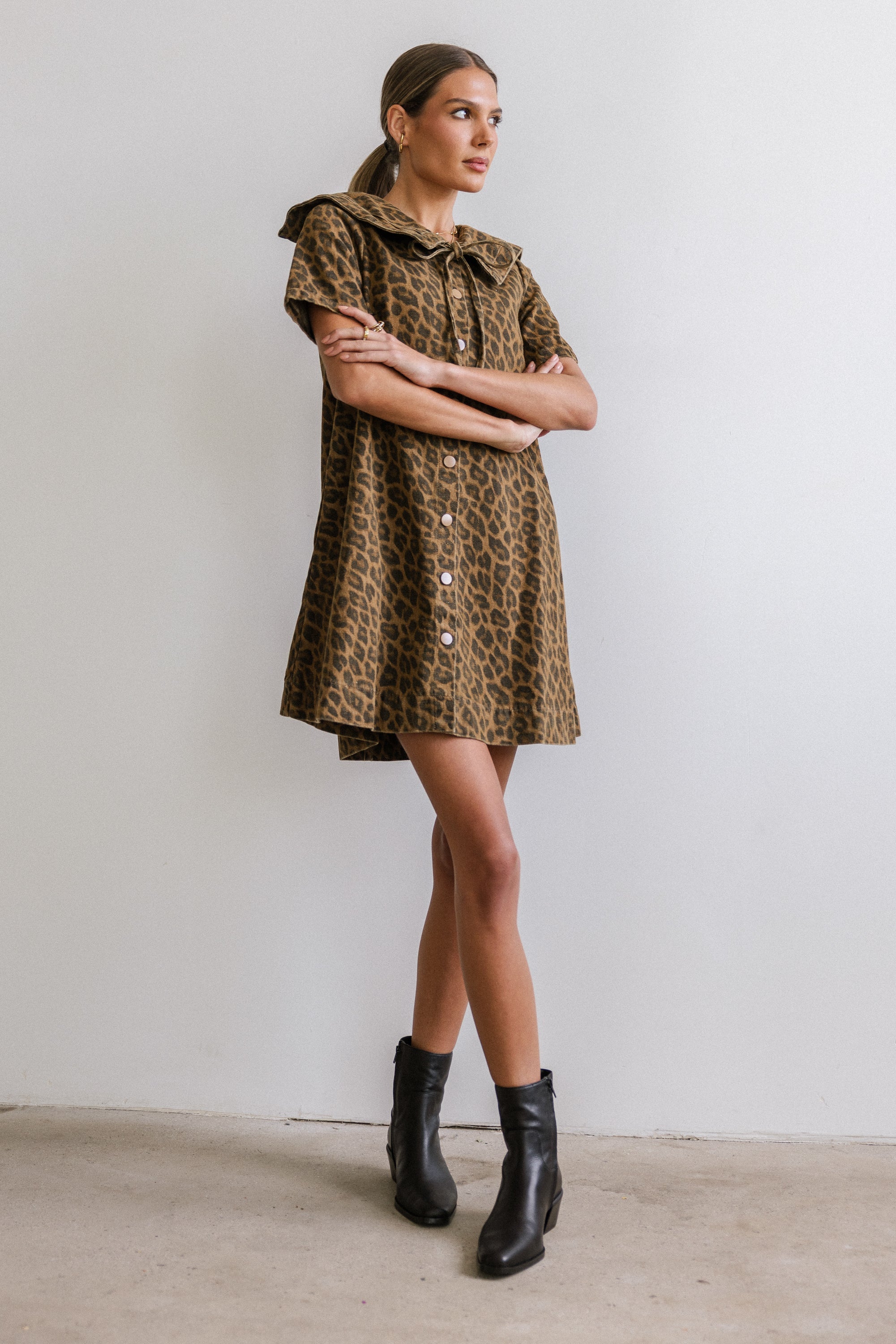 Camryn Collared Baby Doll Dress in Leopard FINAL SALE