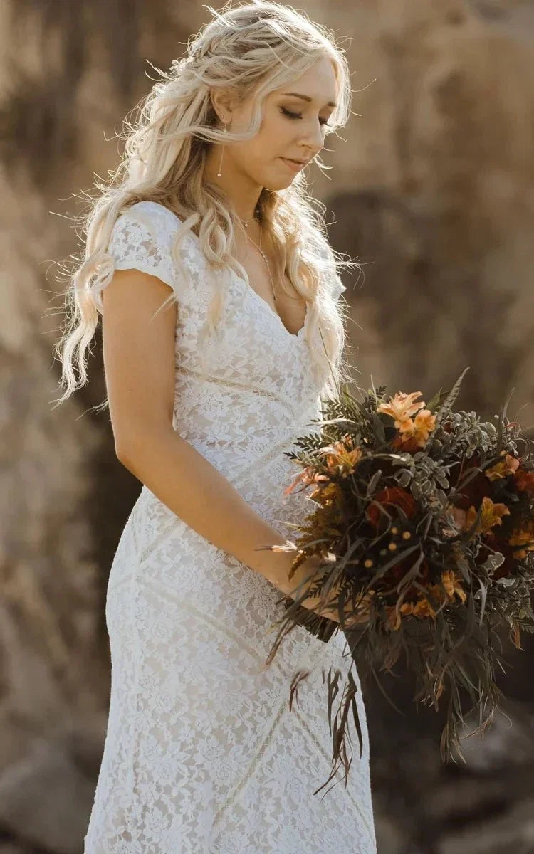Modest Sheath Square V neck Lace Wedding Dress with Short Sleeve Sweep Train