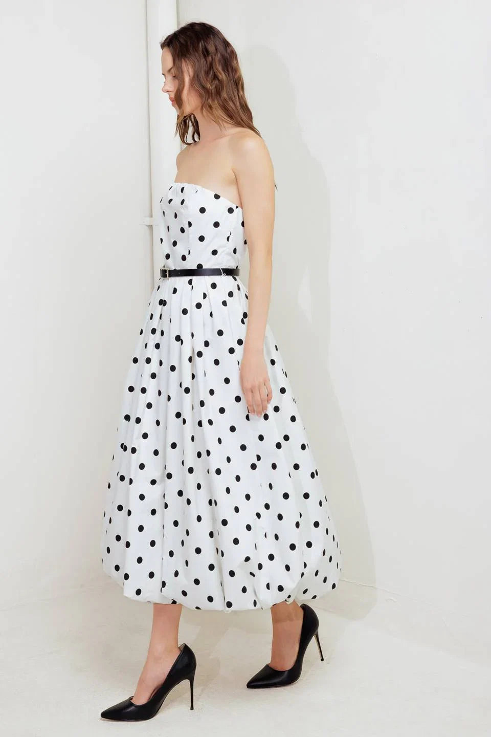 WHITE BLACK POLKA DOT BUBBLE HEM MIDI DRESS