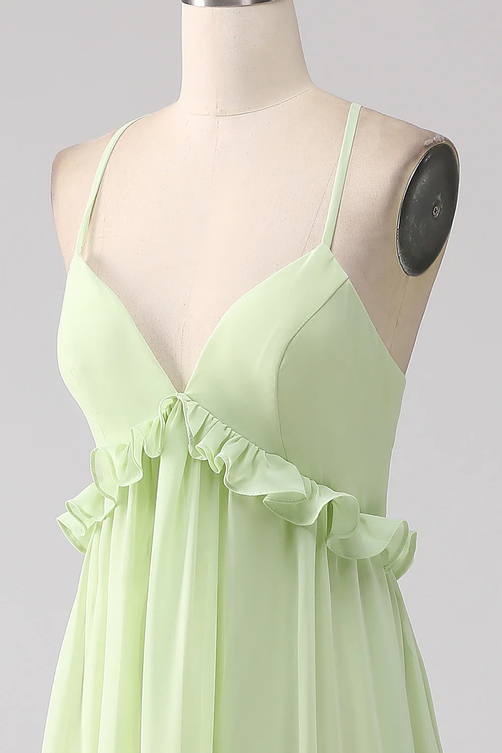 Light Green A Line Spaghetti Straps Backless Long Bridesmaid Dress With Ruffles
