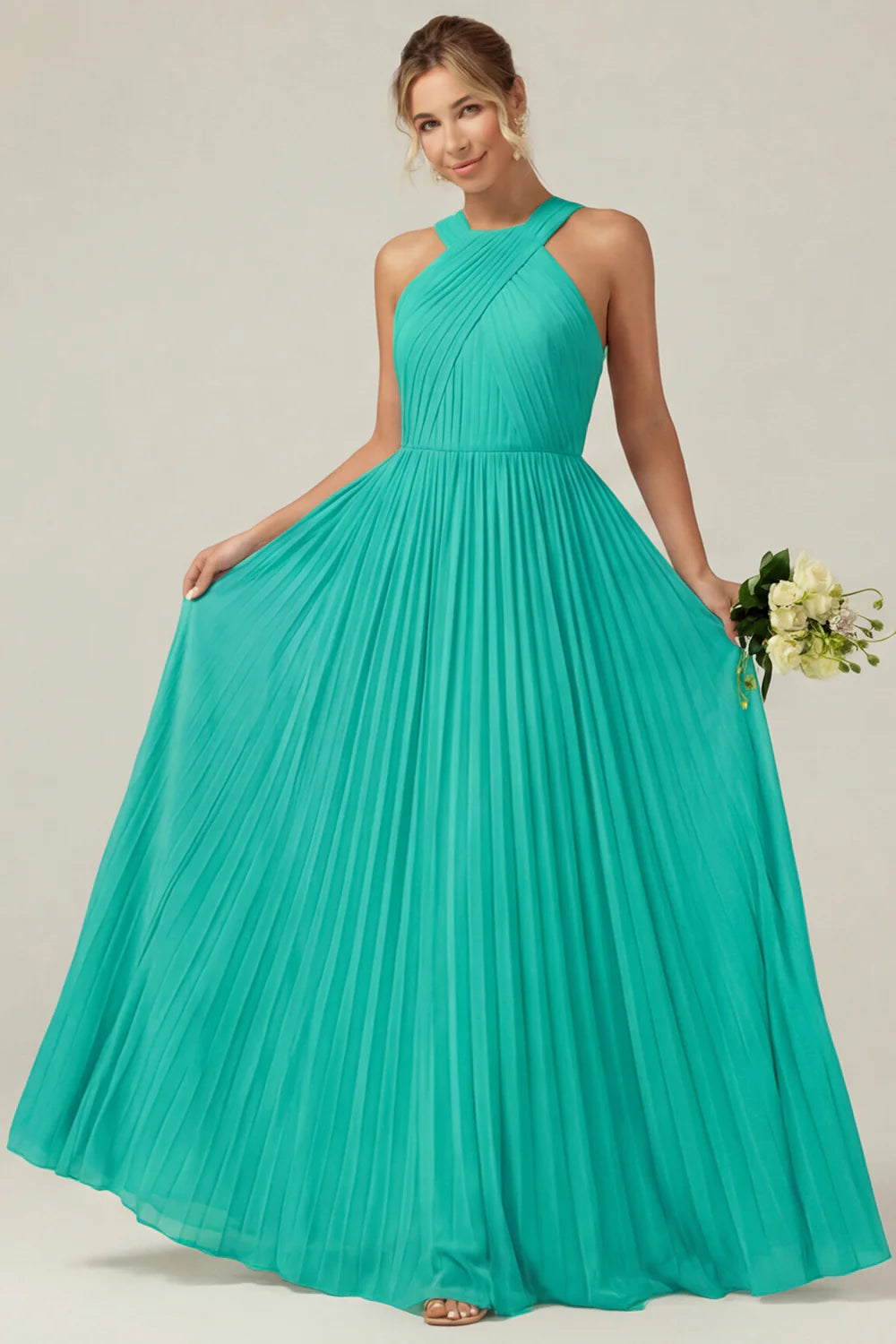 Dusty Sage A Line Halter Pleated Long Bridesmaid Dress