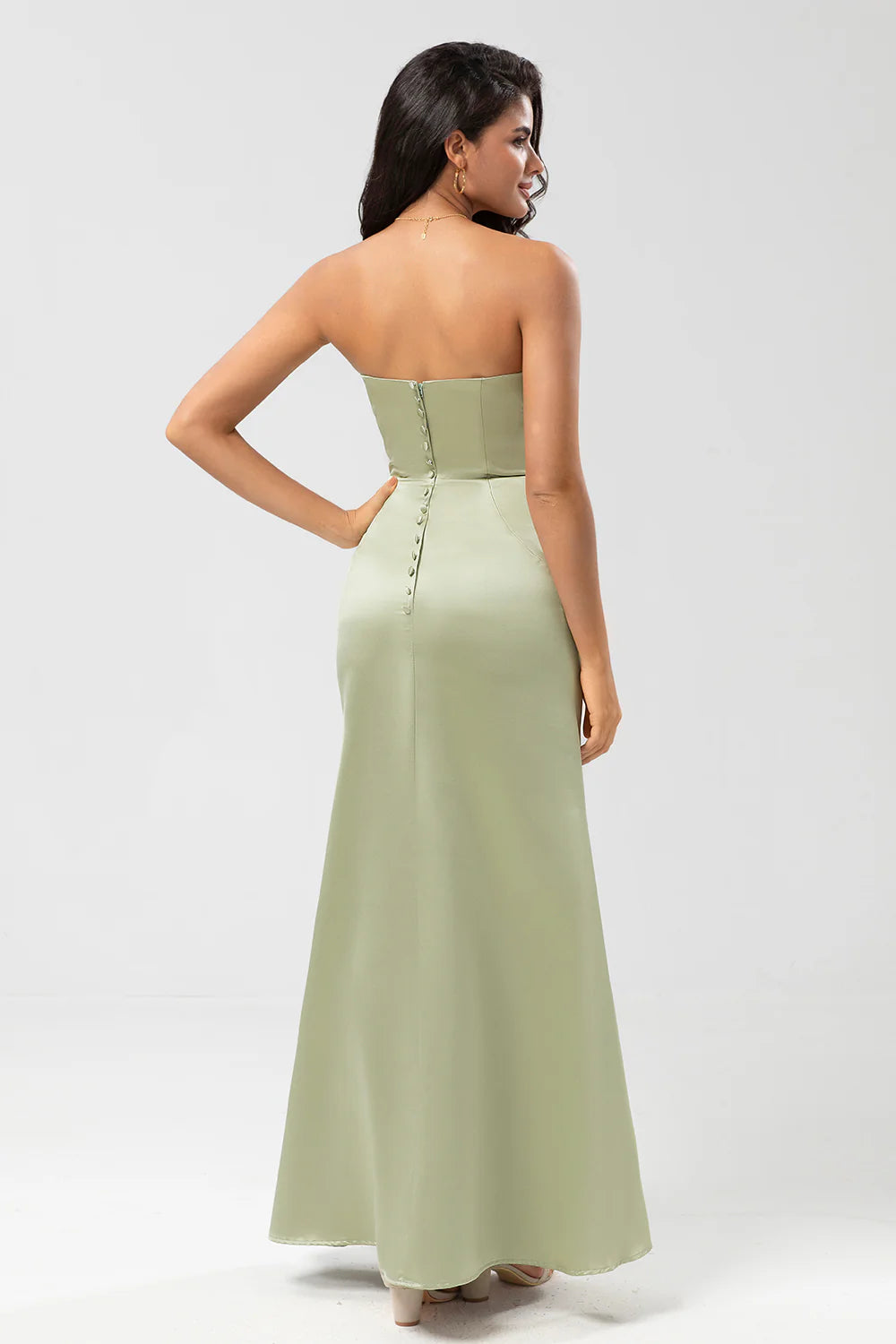 Dusty Sage Mermaid Strapless Floor Length Satin Bridesmaid Dress