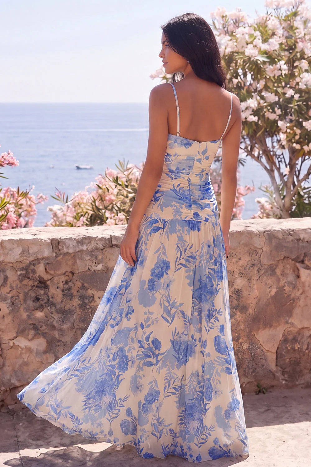 Blue Flower Spaghetti Straps A Line Wedding Guest Dress