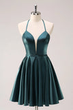 Peacock Blue A Line Halter Short Homecoming Dress with Lace Up Back