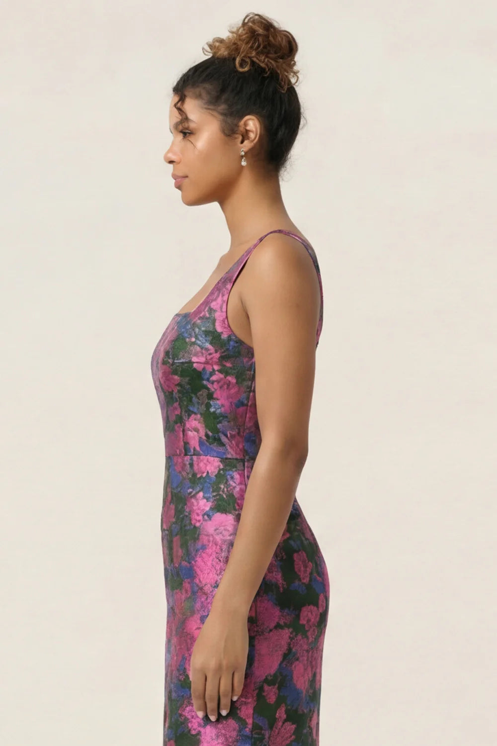 Lilac Flower Sheath Square Neck Ankle Length Wedding Guest Dress