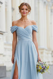 Sky Blue Off The Shoulder Chiffon A Line Bridesmaid Dress with Slit