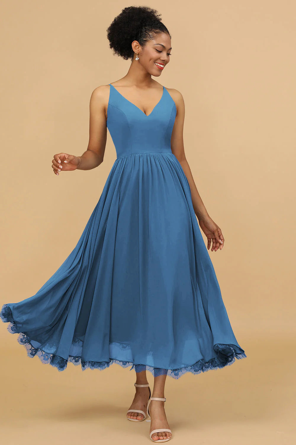 A Line Spaghetti Straps Long Chiffon Bridesmaid Dress with Ruffles