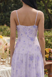 Lilac Floral A Line Midi Wedding Guest Dress