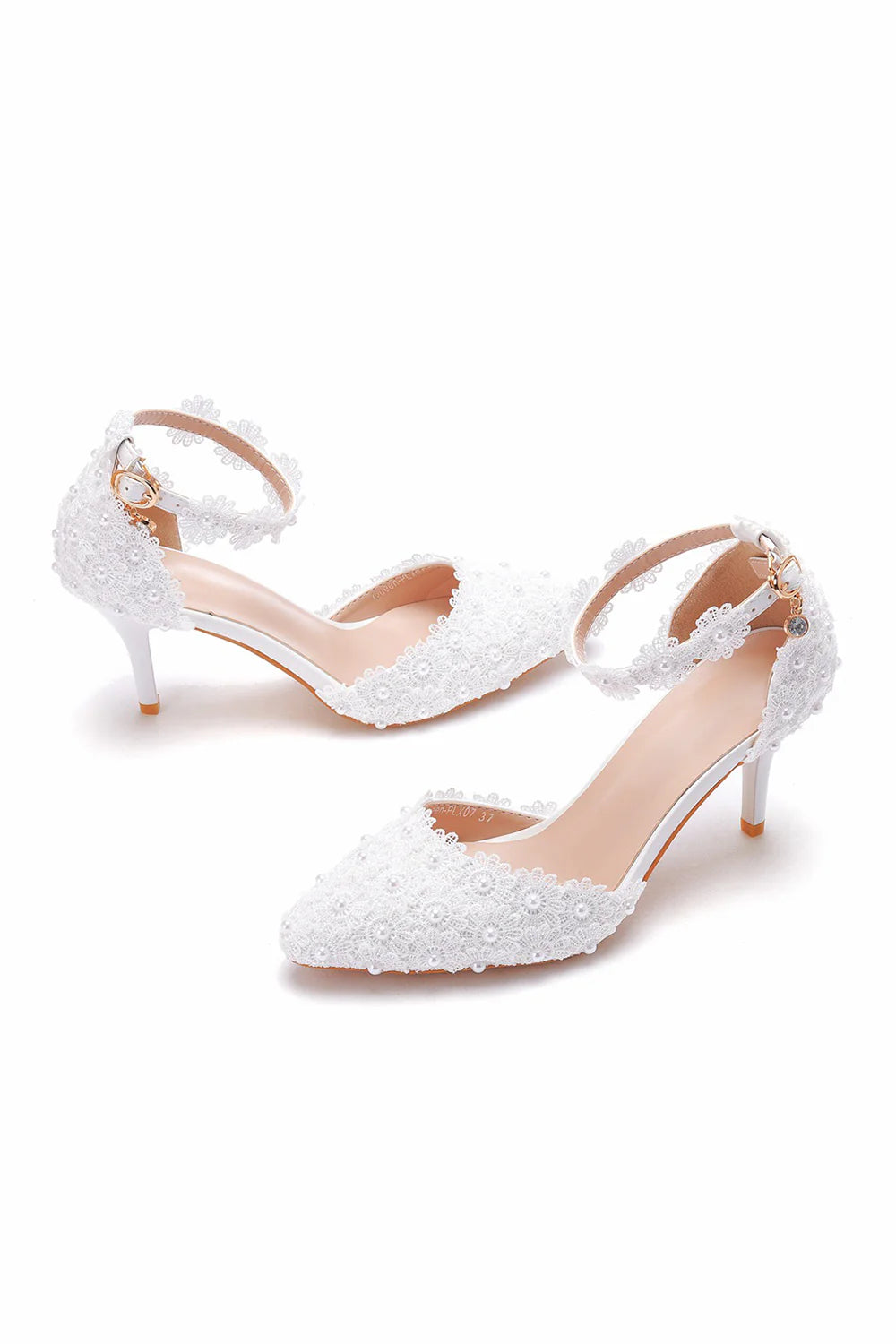 White Pointed Toe High Heels Sandals Lace Pearl Bridal Shoes