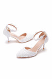 White Pointed Toe High Heels Sandals Lace Pearl Bridal Shoes