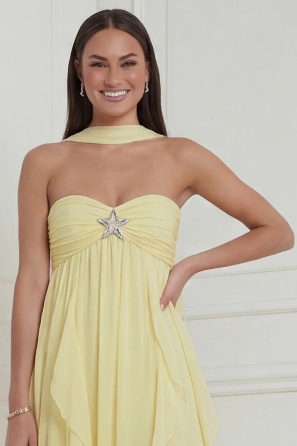 Strapless Halter Daffodil A Line Ruffled Long Wedding Guest Dress