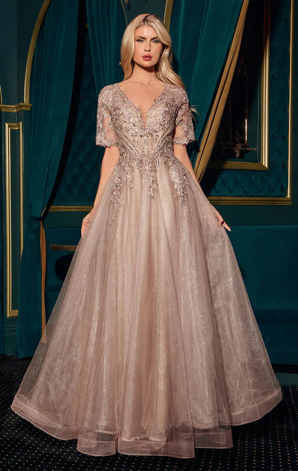 CLAUDIA GOWN SHORT SLEEVE A LINE GLITTER TULLE DRESS