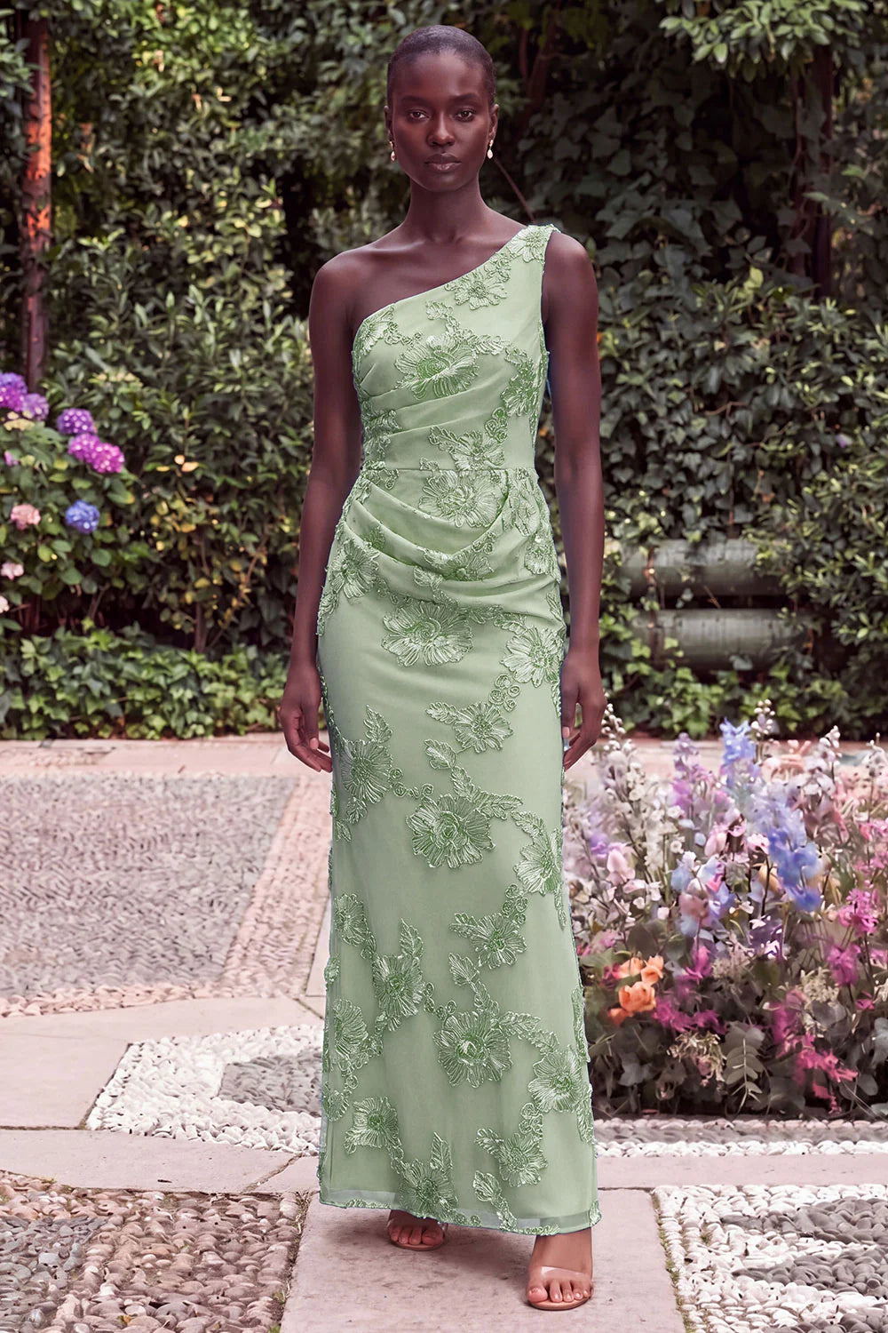 Sage Floral Embroidery One Shoulder Mermaid Wedding Guest Dress
