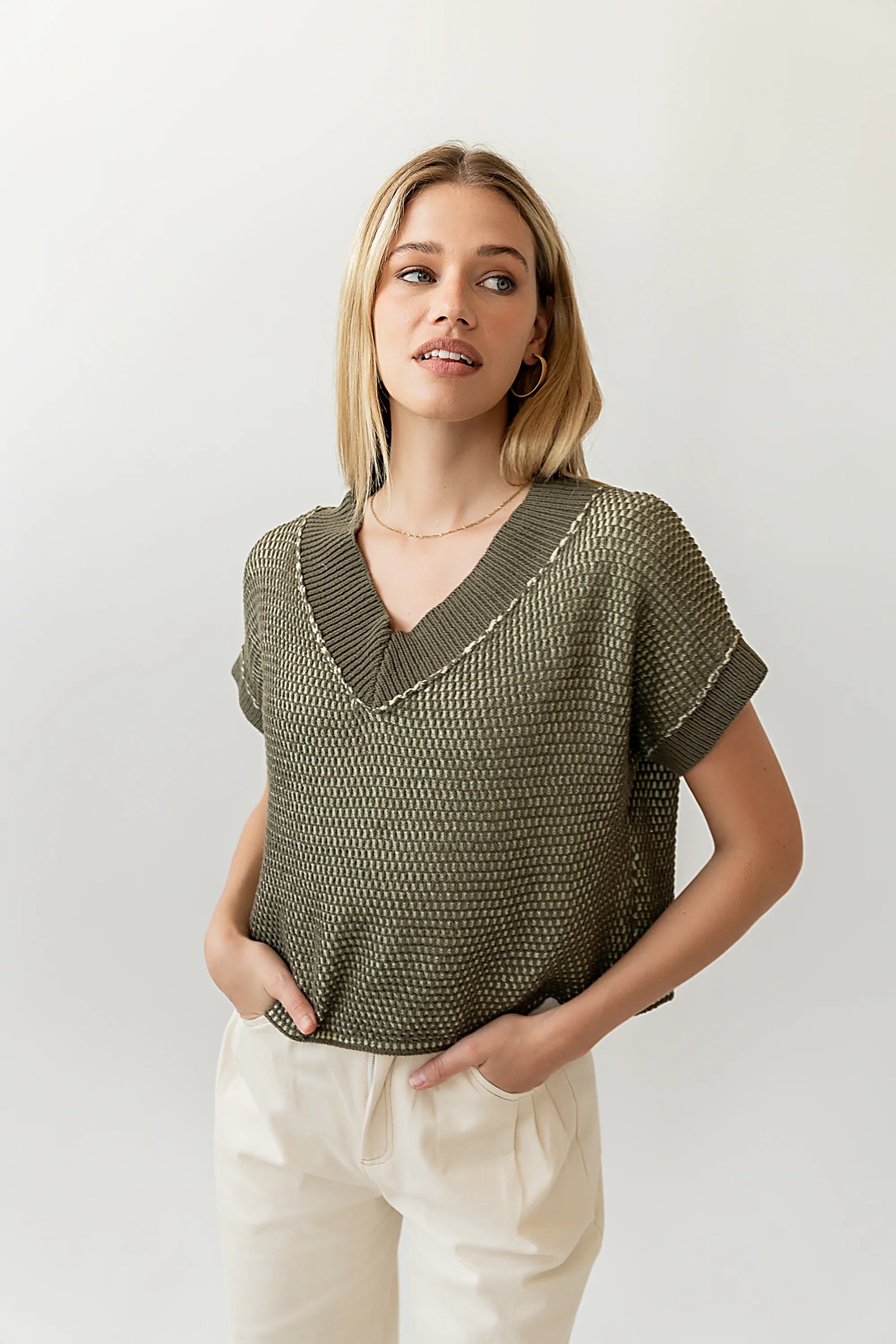 Saige Contrast Sweater in Olive FINAL SALE