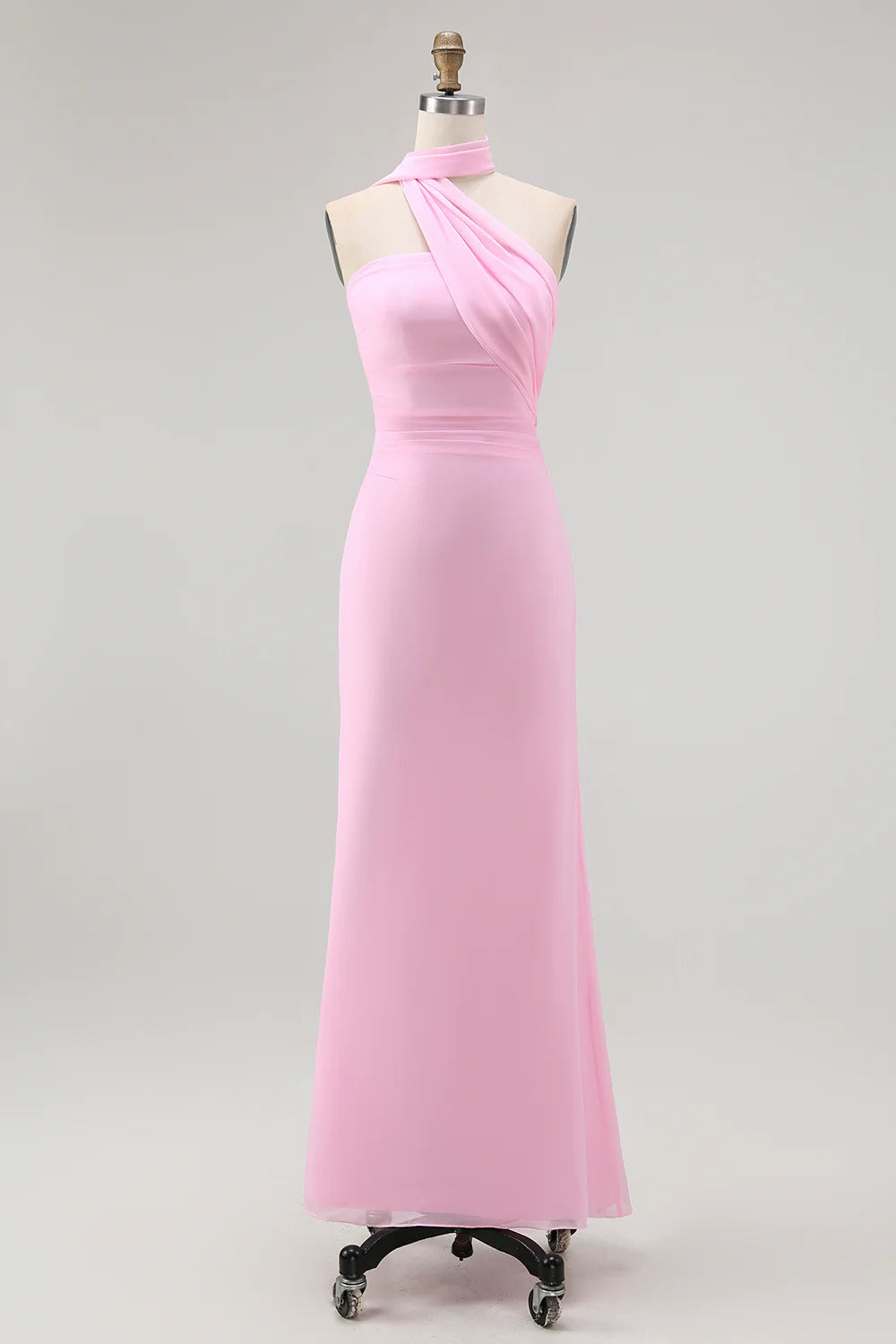 Simple Blush Sheath Backless Halter Chiffon Long Bridesmaid Dress