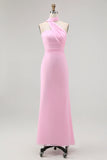 Simple Blush Sheath Backless Halter Chiffon Long Bridesmaid Dress