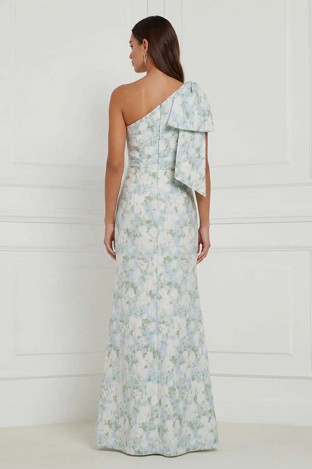 Blue White Flower Mermaid One Shoulder Print Long Bridesmaid Dress with Bow