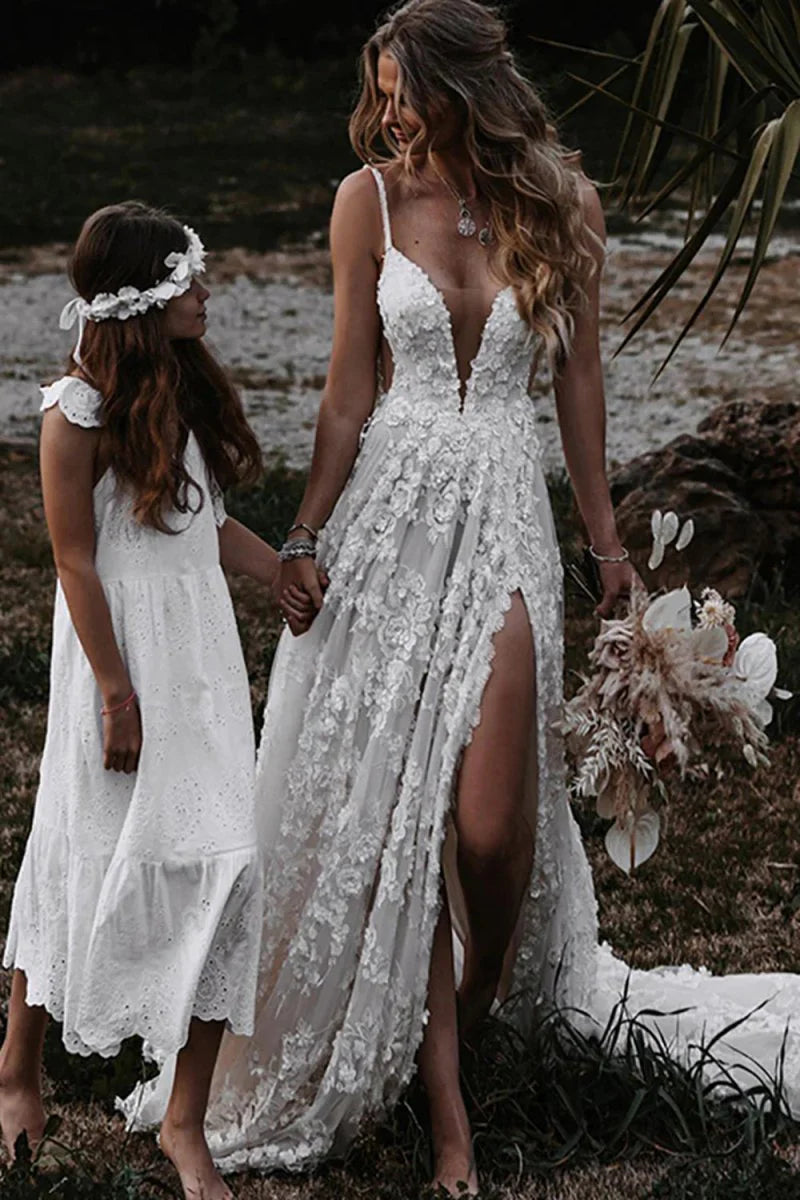 White Boho A Line Lace Wedding Dress with Appliques