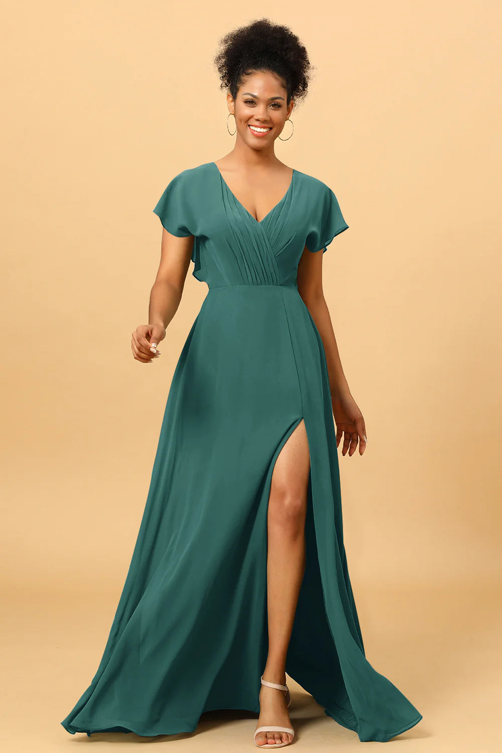 A Line V Neck Ruched Chiffon Bridesmaid Dress with Slit