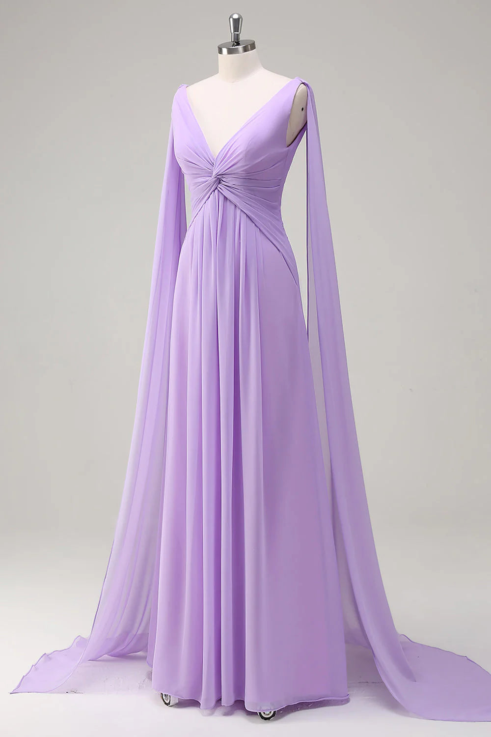 Elegant Lilac A Line V Neck Chiffon Long Bridesmaid Dress with Flowing Cape Sleeves