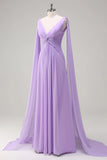 Elegant Lilac A Line V Neck Chiffon Long Bridesmaid Dress with Flowing Cape Sleeves