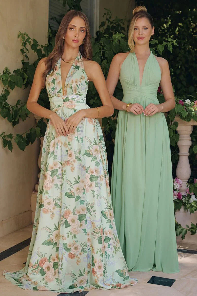CHEYENNE GOWN SAGE FLORAL CHIFFON HALTER DRESS