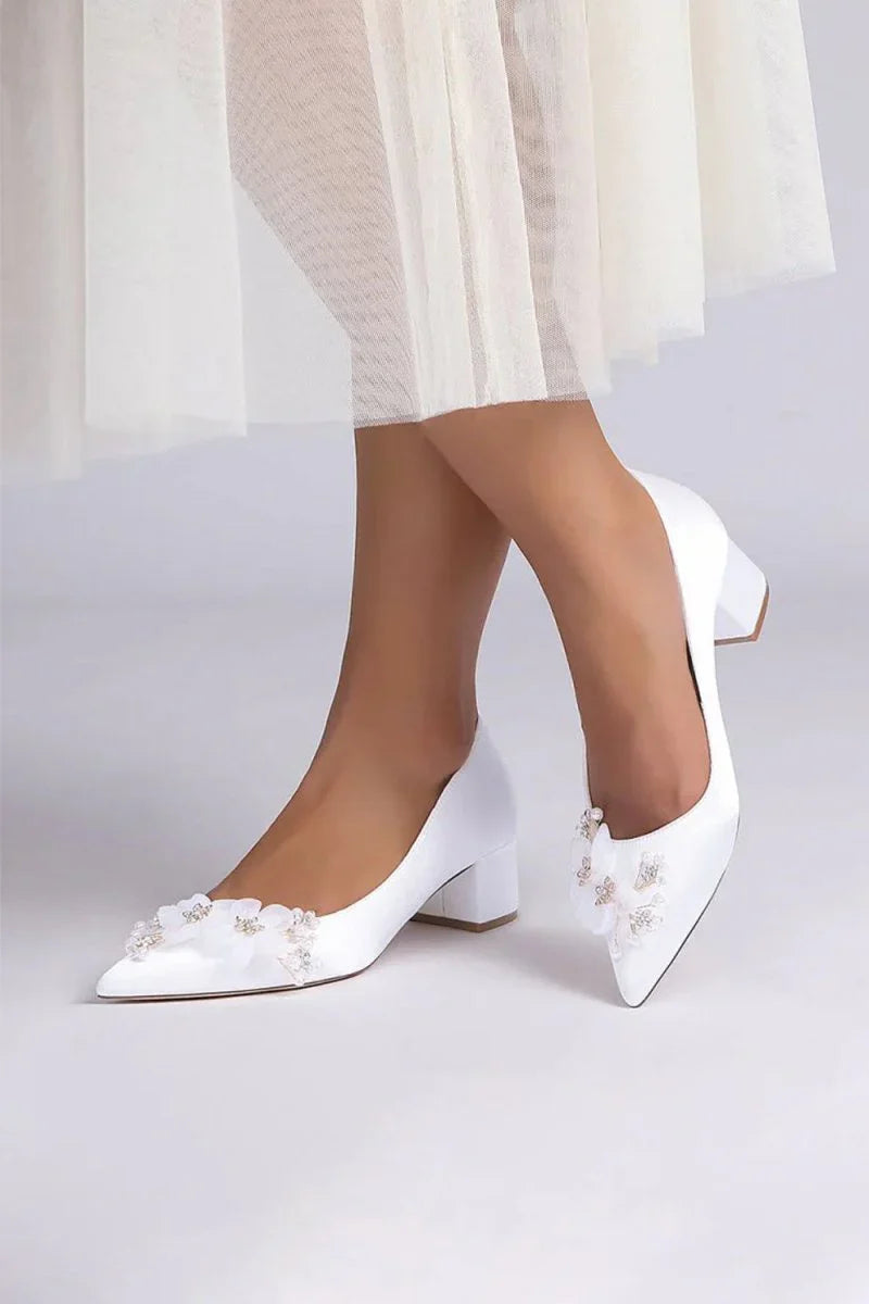 Pointed Toe Satin Slip on Chunky Wedding Shoes With Flower