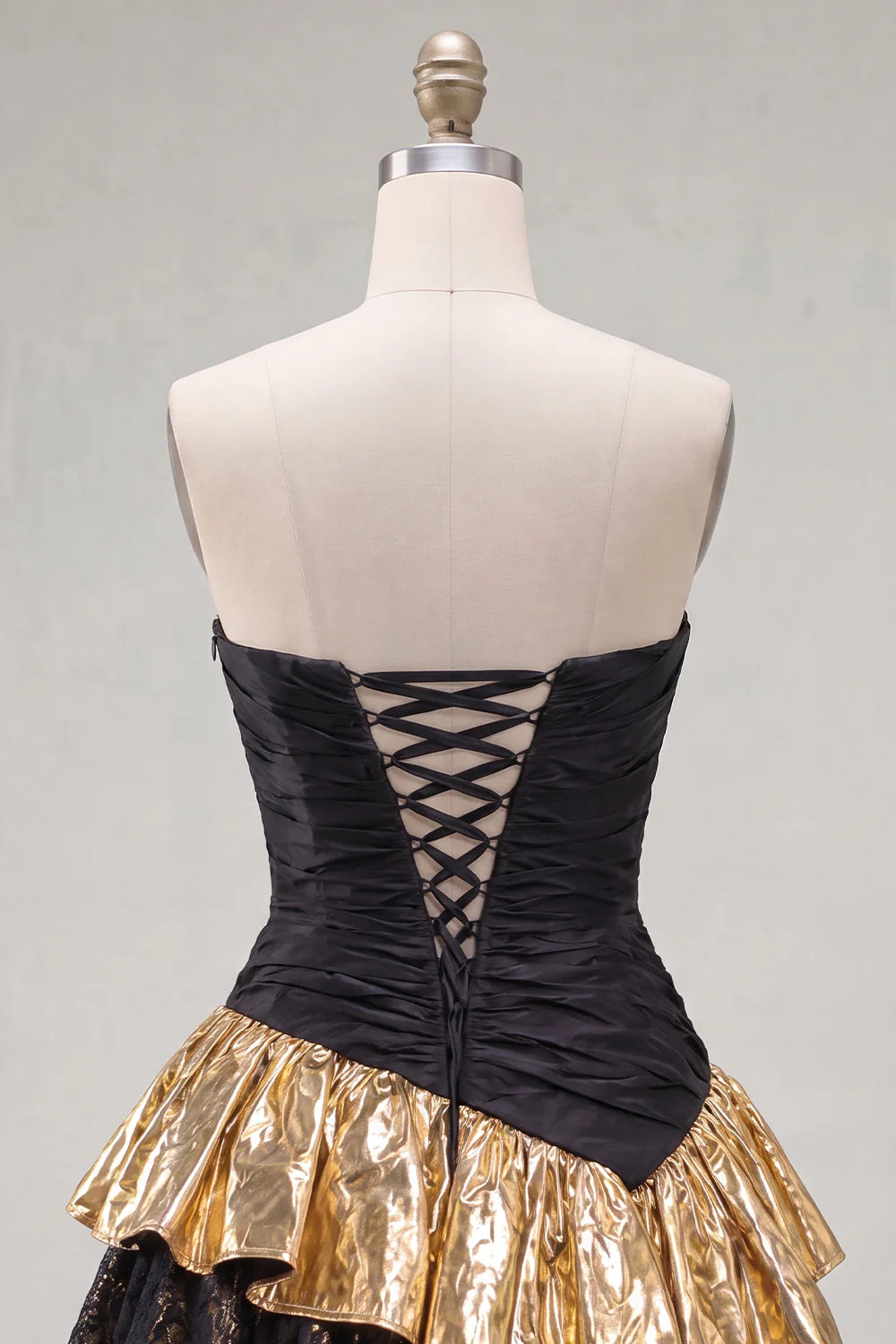 Strapless Black Golden Ruched A Line Homecoming Dress with Lace
