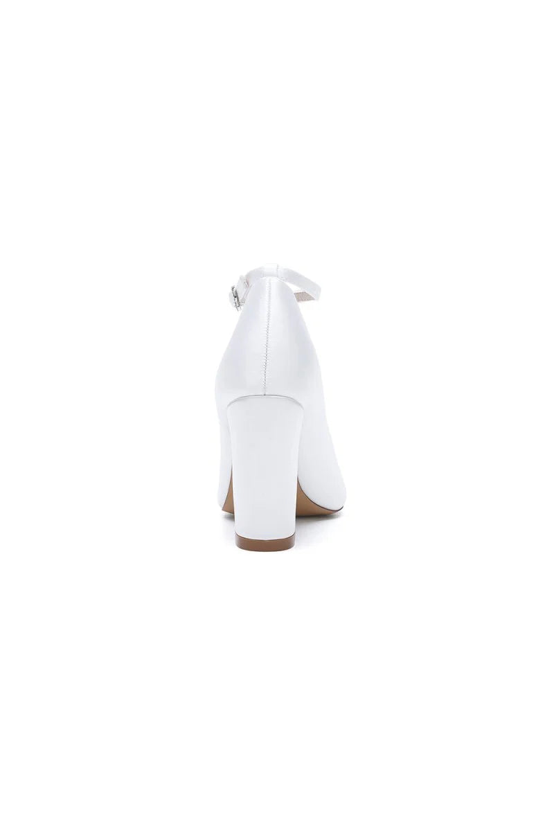 White Leather Pump with Silver Chain and Crystal Accent
