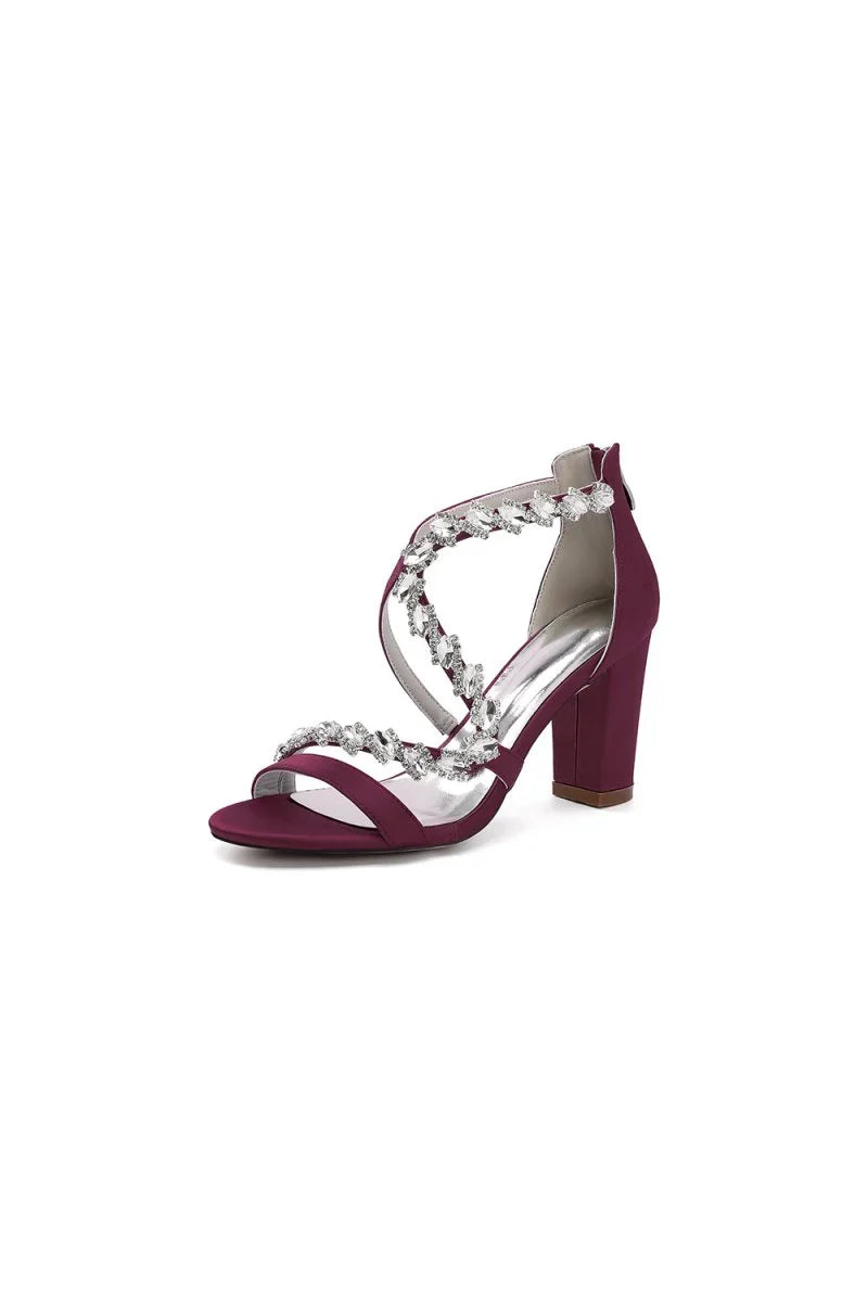 Open Toe Satin Block Heels With Crystal Straps