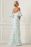 Blue White Flower Mermaid Strapless Satin Convertible Dress with Removable Sleeves