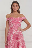 Hot Pink A Line Off the Shoulder Jacquard Midi Wedding Guest Dress
