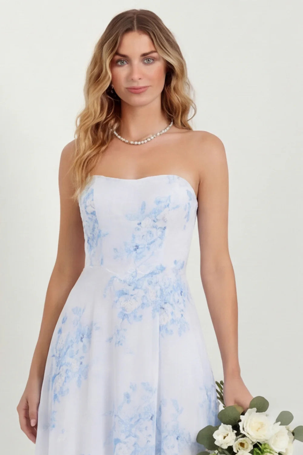 Green Flower A Line Strapless Long Bridesmaid Dress
