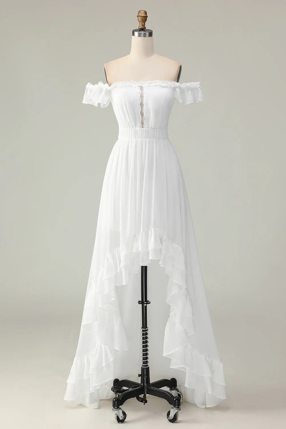 White A Line Off The Shoulder High Low Cut Out Wedding Dress with Ruffles