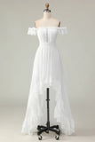 White A Line Off The Shoulder High Low Cut Out Wedding Dress with Ruffles