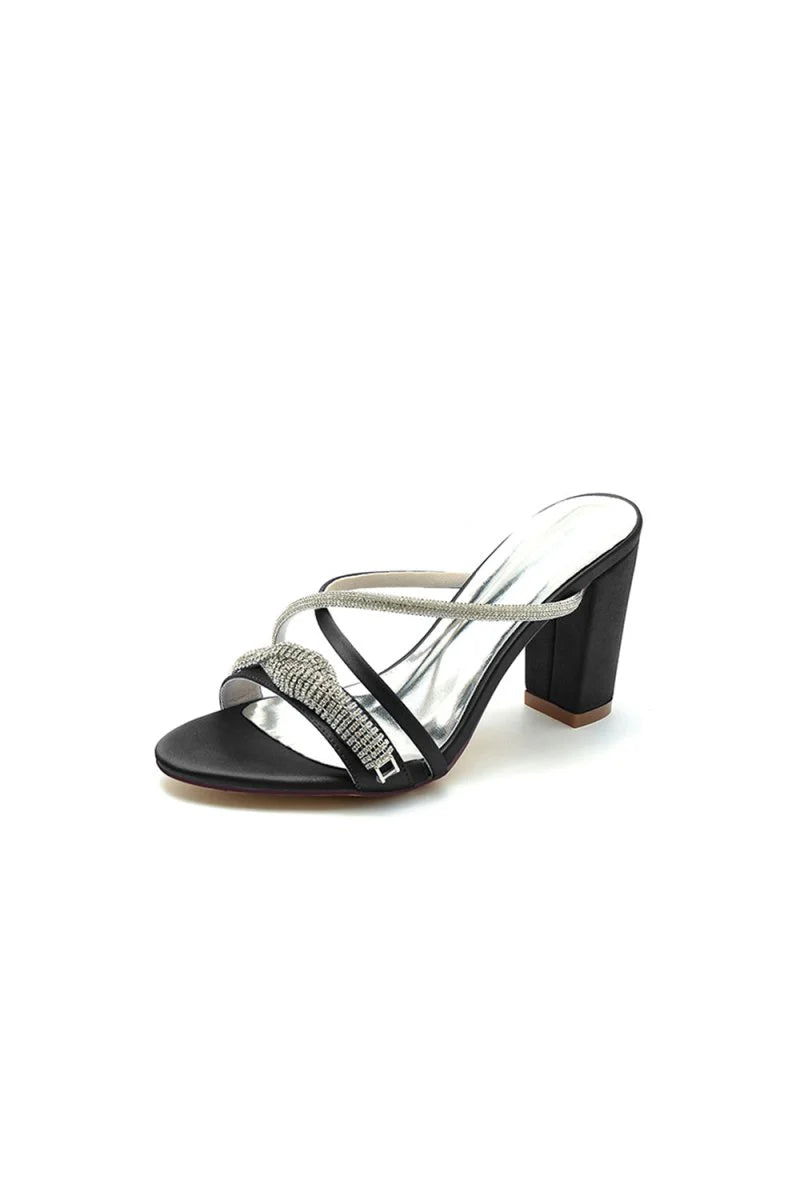Open Toe Block Heels with Rhinestone