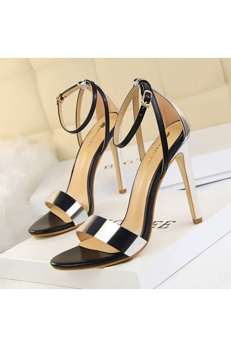 Open Toe Ankle Strap Patent Leather Stiletto Heels