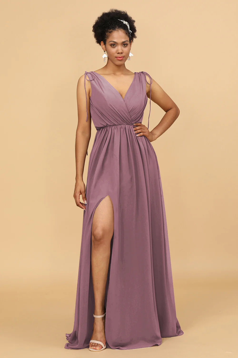 A Line Ruched V Neck Sleeveless Chiffon Bridesmaid Dress with Slit