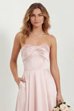 Strapless Blush A Line Satin Long Bridesmaid Dress with Pockets