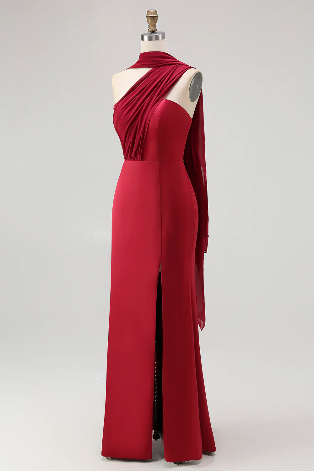 One Shoulder Draped Long Bridesmaid Dress with Side Slit