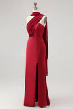 One Shoulder Draped Long Bridesmaid Dress with Side Slit